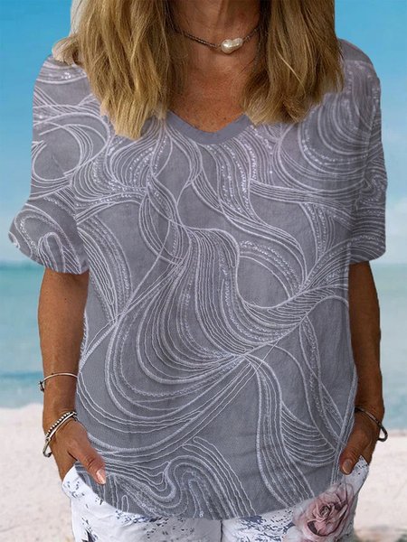 

Geometric Print Short Sleeve V-Neck Blouses, Deep gray, Blouses