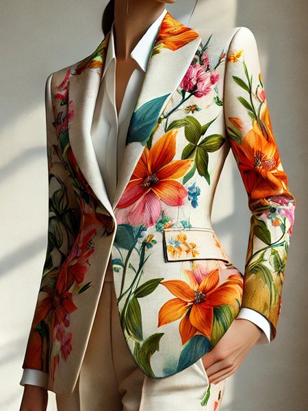 Urban Floral Lapel Collar Blazer, As picture, Blazers