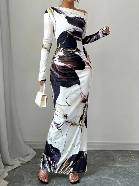 

Elegant Floral Printing One Shoulder Maxi Dress, As picture, Maxi Dresses
