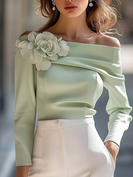 Urban Plain 3D Floral Off The Shoulder Blouse, Green, Blouses and Shirts