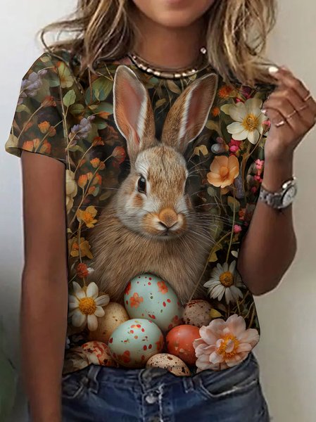 

Vintage Easter Bunny Pattern Crew Neck Short Sleeve T-shirt, Black, T-shirts