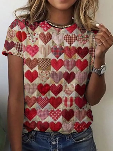 3D Love Pattern Short Sleeve T-shirt, Red, T-shirts