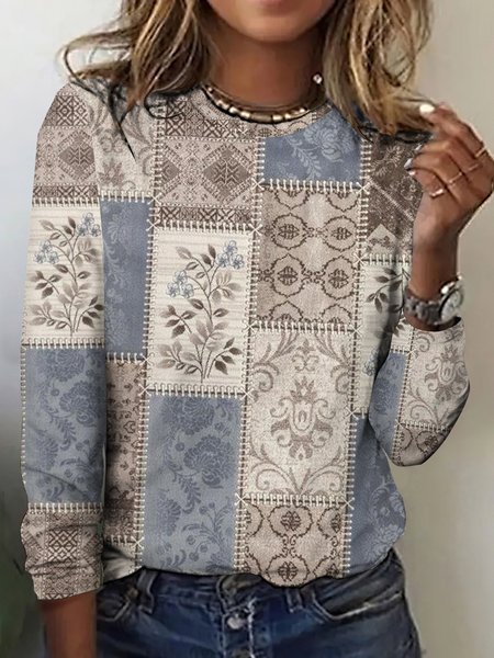 

Vintage Plaid Crew Neck Long Sleeve T-shirt, Light brown, T-shirts