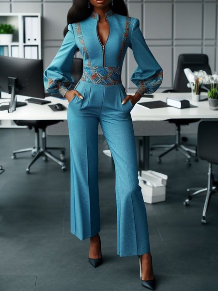 

Urban Balloon Sleeve Random Print Stand Collar Jumpsuit, Blue, Jumpsuits