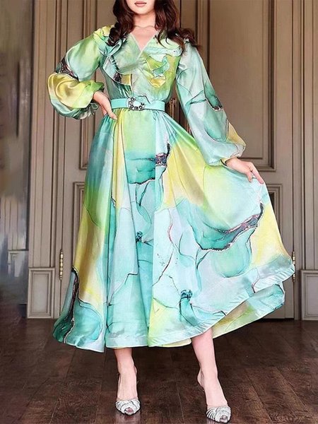 

Elegant Random Print Balloon Sleeve V Neck Maxi Dress No Belt, Green, Maxi Dresses