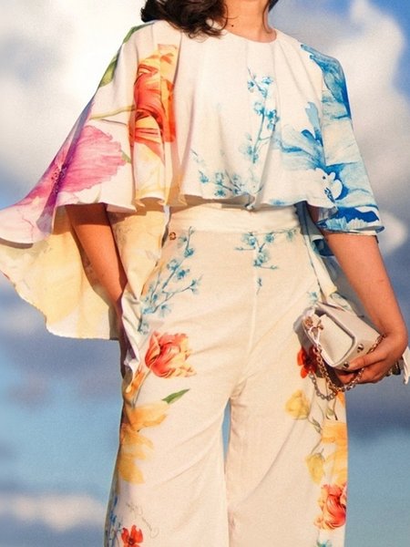 Vacation Floral Crew Neck Raglan Sleeve Blouse, As picture, Blouses and Shirts