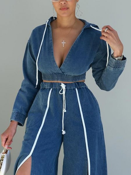 Casual Plain Hoodie Denim Top, Denim blue, Tops