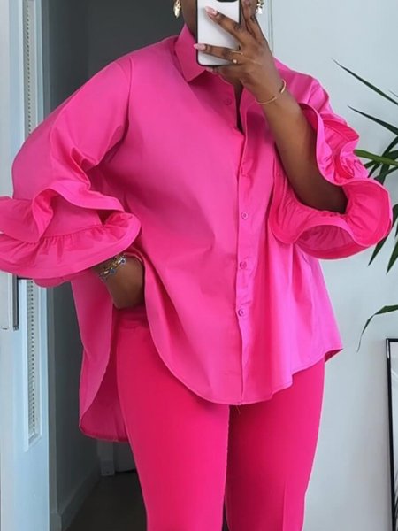 

Cotton Casual Plain Peplum Bell Sleeve Shirt, Deep pink, Blouses and Shirts