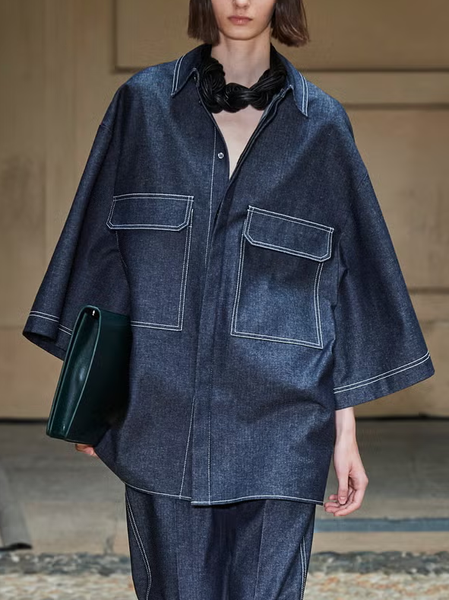 Casual Plain Pockets Shirt Collar Denim Shirt, As picture, Blouses and Shirts