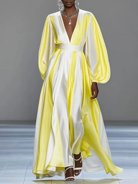 Boho Striped Balloon Sleeve Printing V Neck Maxi Dress, Yellow, Maxi Dresses
