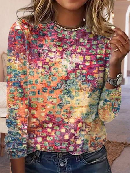 

Casual Long Sleeve Round Neck T-Shirt, As picture, Long sleeves