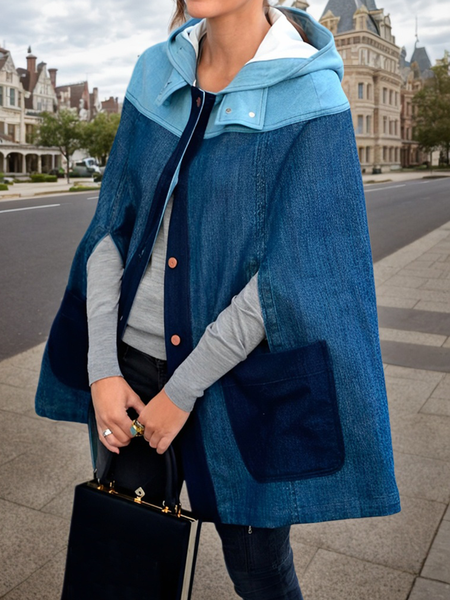 

Casual Raglan Sleeve Color Block Hoodie Denim Jacket, As picture, Jackets