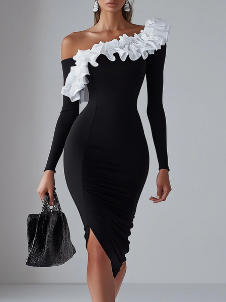 

Elegant Color Block Split Joint Knee Length Dress, Black, Midi Dresses