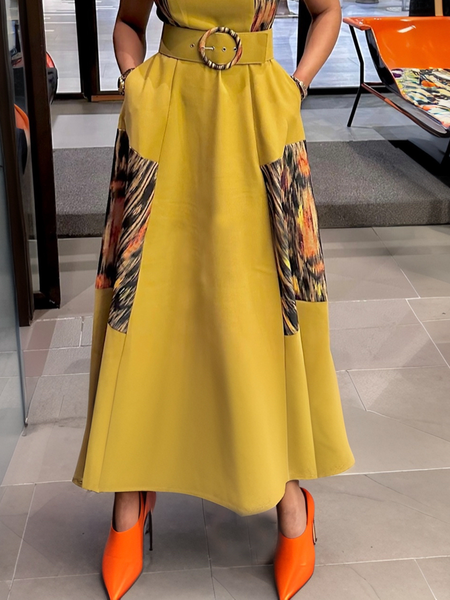 

Urban Loosen Color Block Maxi Skirt With Belt, Yellow, Skirts