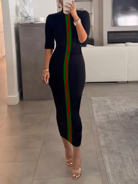 Casual Color Block Tight Crew Neck Midi Dress, Black, Midi Dresses