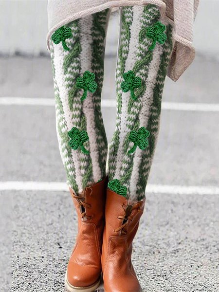 Casual St. Patrick's Day Floral Long Leggings, Green, Leggings