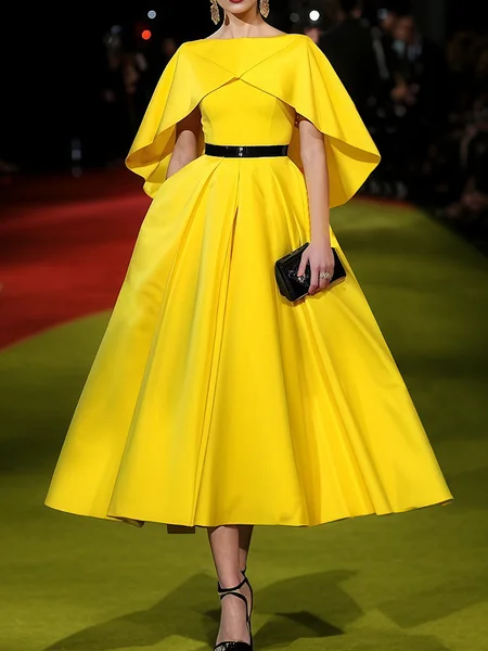 

Elegant Plain Midi Party Dress No Belt, Yellow, Maxi Dresses