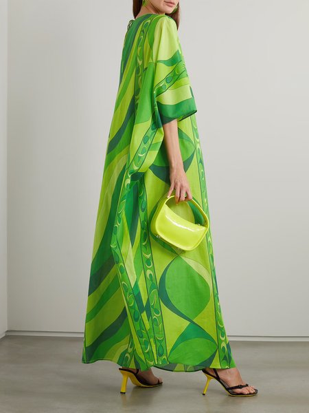 Vacation Abstract Graphic Raglan Sleeve Crew Neck Maxi Dress, Green, Maxi Dresses