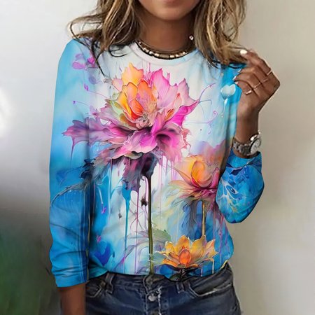 

Vintage Floral Crew Neck Long Sleeve T-shirt, Blue, T-shirts