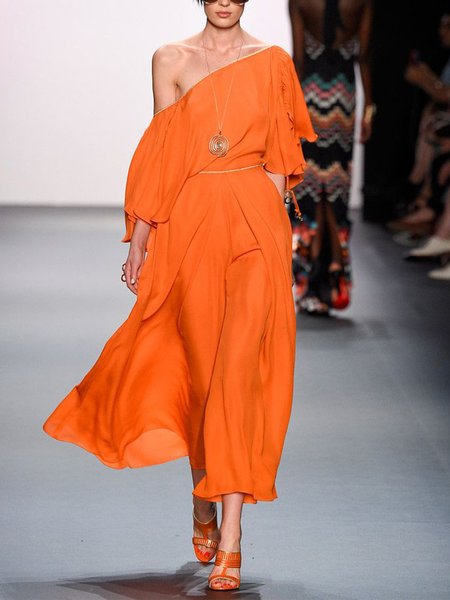 

Elegant Plain Cold Shoulder Jumpsuit, Orange, Jumpsuits