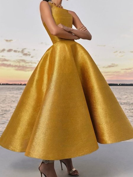Elegant Plain Crew Neck Sleeveless Maxi Party Dress, Yellow, Maxi Dresses