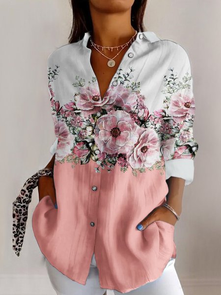 

Floral color blocked casual long sleeved shirt, Pink, Blouses