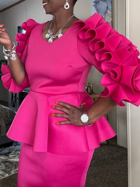

Urban Plain Peplum Ruffle Sleeve Blouse, Pink, Blouses and Shirts