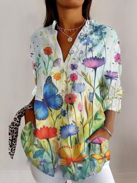 

Shirt Collar Long Sleeve Floral Regular Micro-Elasticity Regular Fit Shirt For Women, Lake blue, Shirts