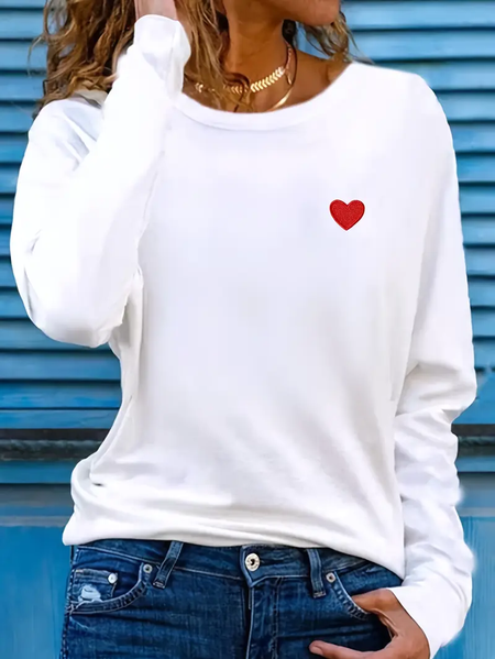 

Casual Heart/Cordate Crew Neck Long Sleeve T-shirt, White, T-shirts