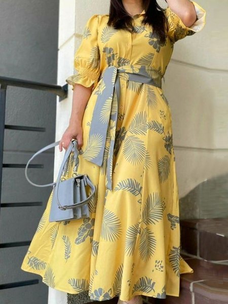 

Urban Plants Ruffle Sleeve Printing Shirt Collar Maxi Dress With Belt, Yellow, Maxi Dresses
