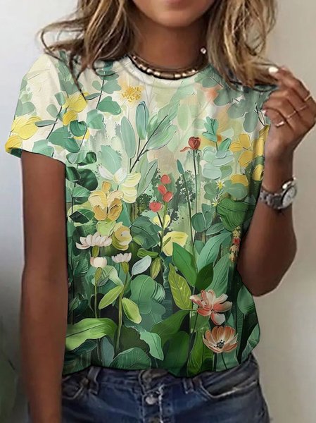 

Casual Floral Crew Neck Short Sleeve T-shirt, Lightgreen, T-shirts