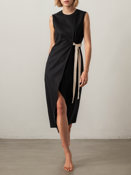 Crew Neck Linen Dress With No, Black, Maxi Dresses