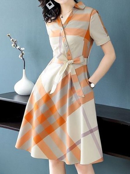 

Urban Plaid Printing V Neck Knee Length Dress With Belt, As picture, Midi Dresses