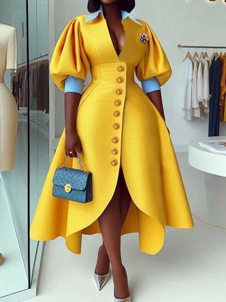 Elegant Color Block Puff Sleeve Buttoned Shawl Collar Midi Dress, Yellow, Midi Dresses