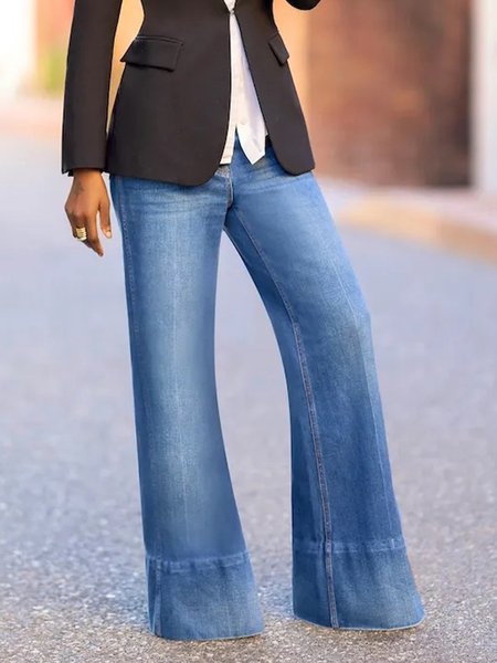 Plain Urban Wide leg Denim Jeans, Blue, Jeans