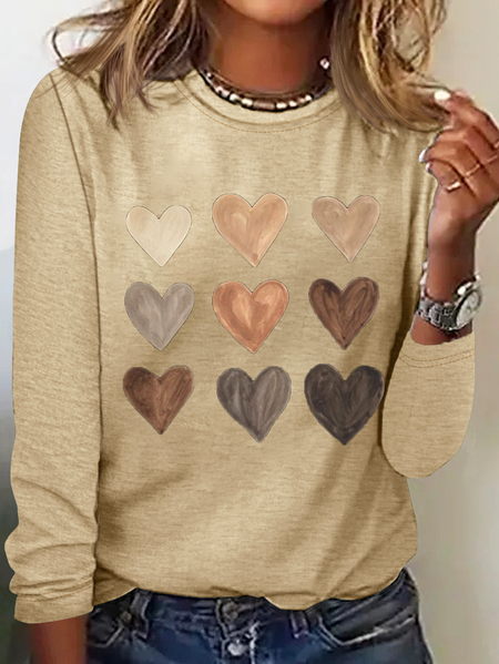

Women's Long Sleeve Tee T-shirt Spring/Fall Heart/Cordate Printing Crew Neck Casual Graphic Tee Top, Apricot, T-Shirts