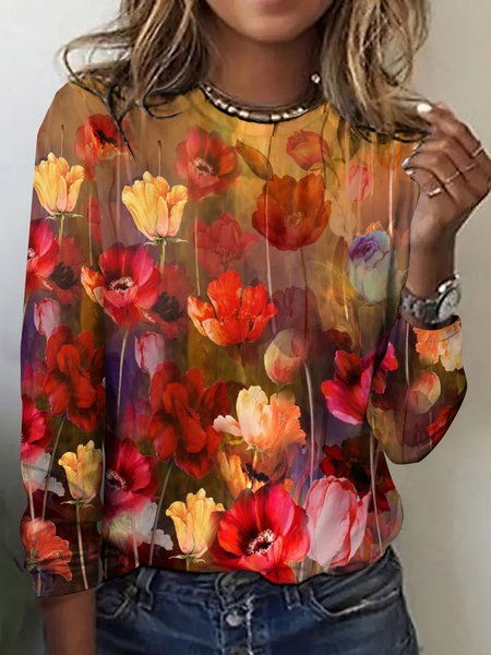 Casual Floral Crew Neck Long Sleeve T-shirt, Red, T-shirts