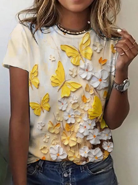 Casual Floral Crew Neck Short Sleeve T-shirt, Yellow, T-shirts