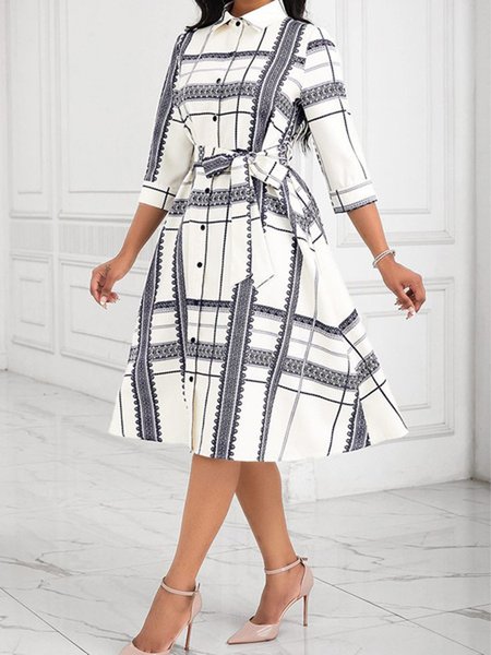 

Urban Abstract Stripes Printing Shirt Collar Midi Dress With Belt, As picture, Midi Dresses