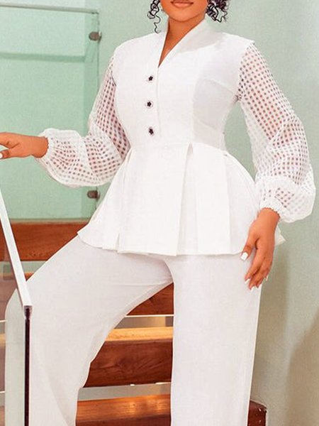 Urban Plain Buttoned V Neck Blouse, White, Blouses and Shirts