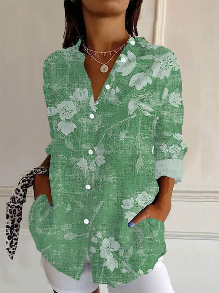 

Women's Long Sleeve Shirt Spring/Fall Green Floral Buckle Shirt Collar Daily Going Out Casual Top, Blouses