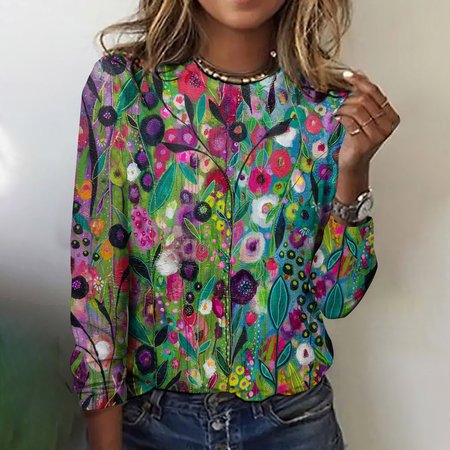 Casual Floral Crew Neck Long Sleeve T-shirt, Green, T-shirts