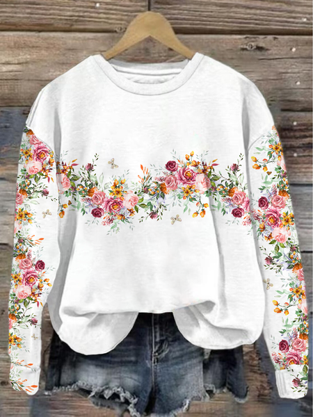 Casual Crew Neck Floral Sweatshirt Printing, White, Hoodies & Sweatshirts