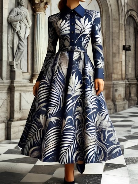 Urban Plants Printing Shawl Collar Maxi Dress, As picture, Maxi Dresses