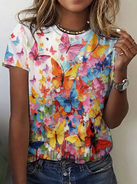 Casual Floral Crew Neck Short Sleeve T-shirt, Red, T-shirts