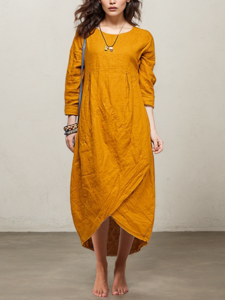 Loose Linen Plain Cotton And Linen Dress, Yellow, Maxi Dresses