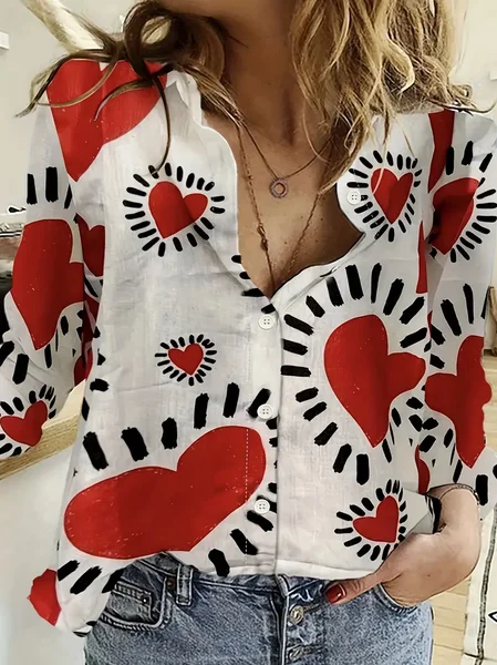 Women's Valentine's Day Love Casual Long Sleeve Shirt, White, Blouses