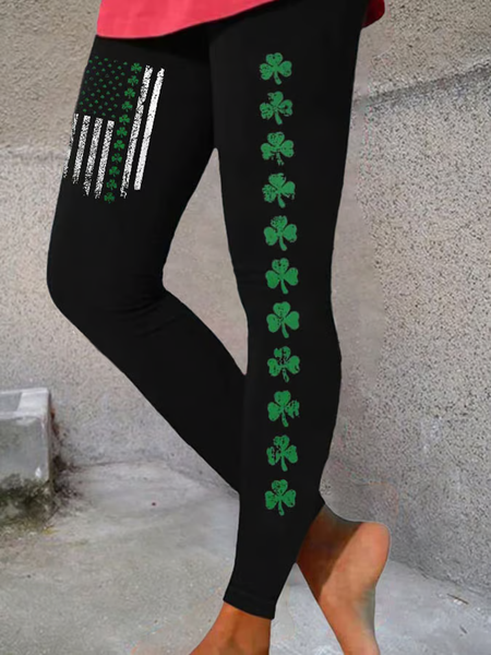 

Retro St.Patrick's Day Flag Shamrock Print Leggings, Black, Leggings