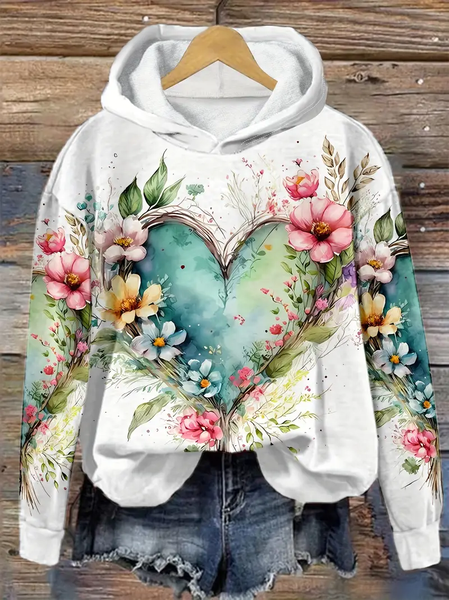 

Women's Spring Floral Heart Casual Hooded Sweatshirt, White, Hoodies&Sweatshirts