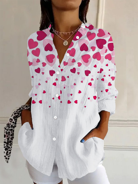 

Valentine's Day Long Sleeve Heart/Cordate Buckle Regular Loose Button Up Shirt Shirt For Women, White, Blouses
